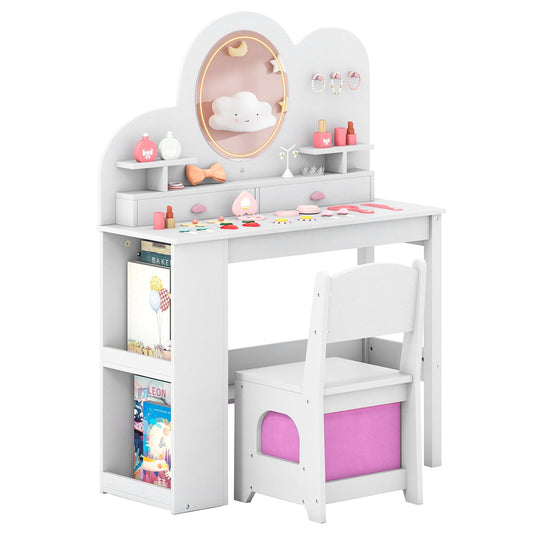 Kids Vanity with Lights Princess Vanity Table and Chair Set with 2 Drawers and 2-Tier Bookshelf