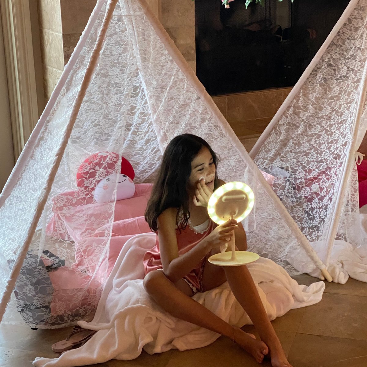 Dainty Lace Kids Teepee Tent white ivory lace with pink plush by Chicky Chicky Bling Bling on Tampa Home & Garden Store