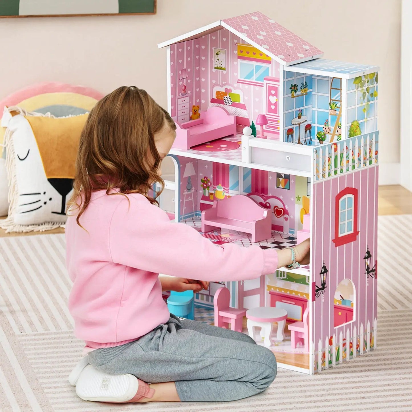 Kids wooden pink dollhouse playset with 5 rooms and 10 furniture pieces DirectDeals on Tampa Home & Garden Store