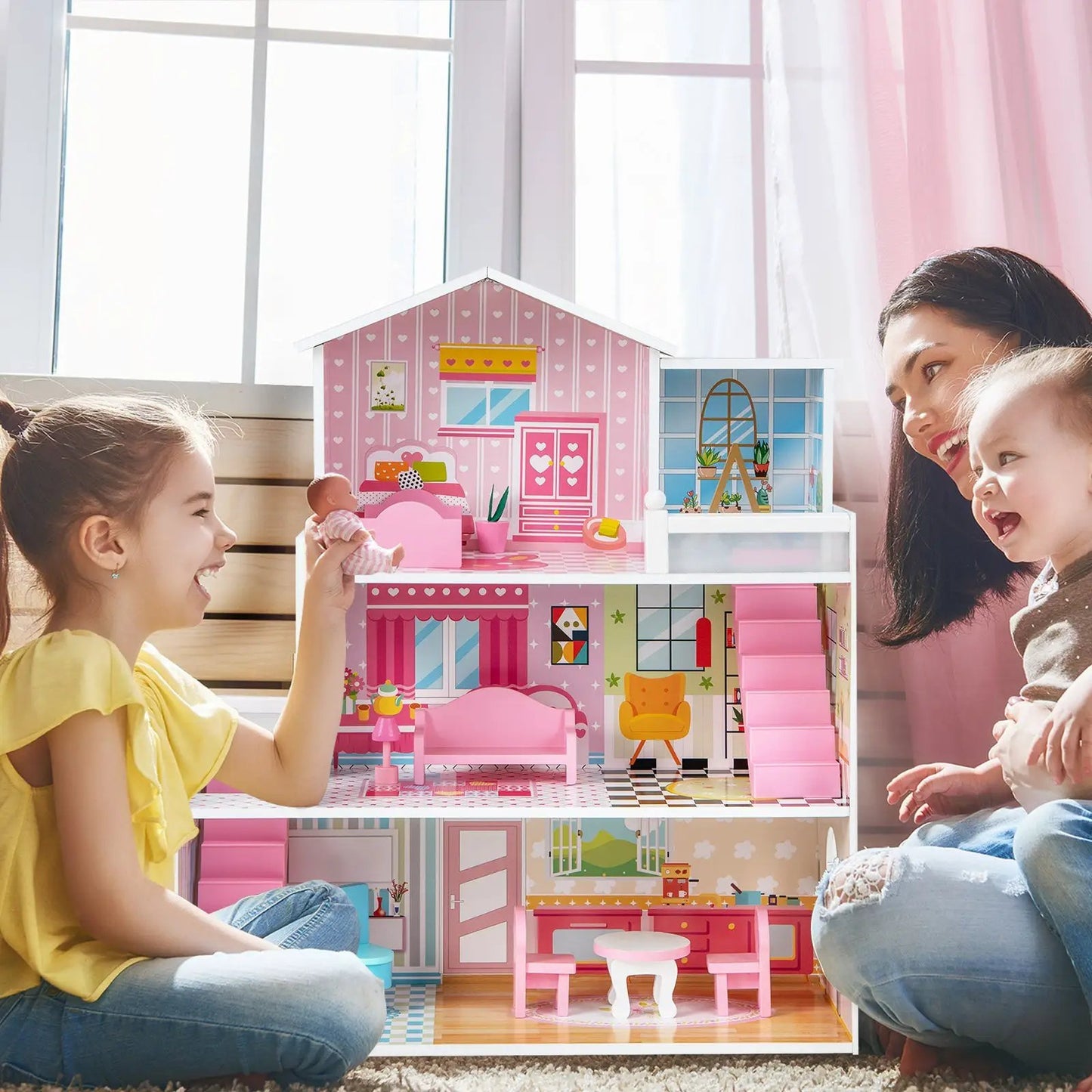 Kids pink wooden dollhouse playset with 5-room layout and 10-piece furniture DirectDeals on Tampa Home & Garden Store