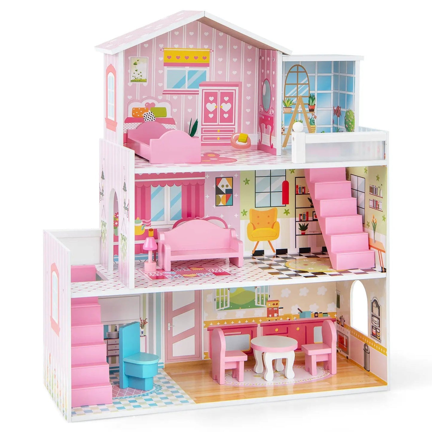 DirectDeals Kids Wooden Dollhouse Playset, pink two-story with 5 rooms and 10 furniture pieces on Tampa Home & Garden Store