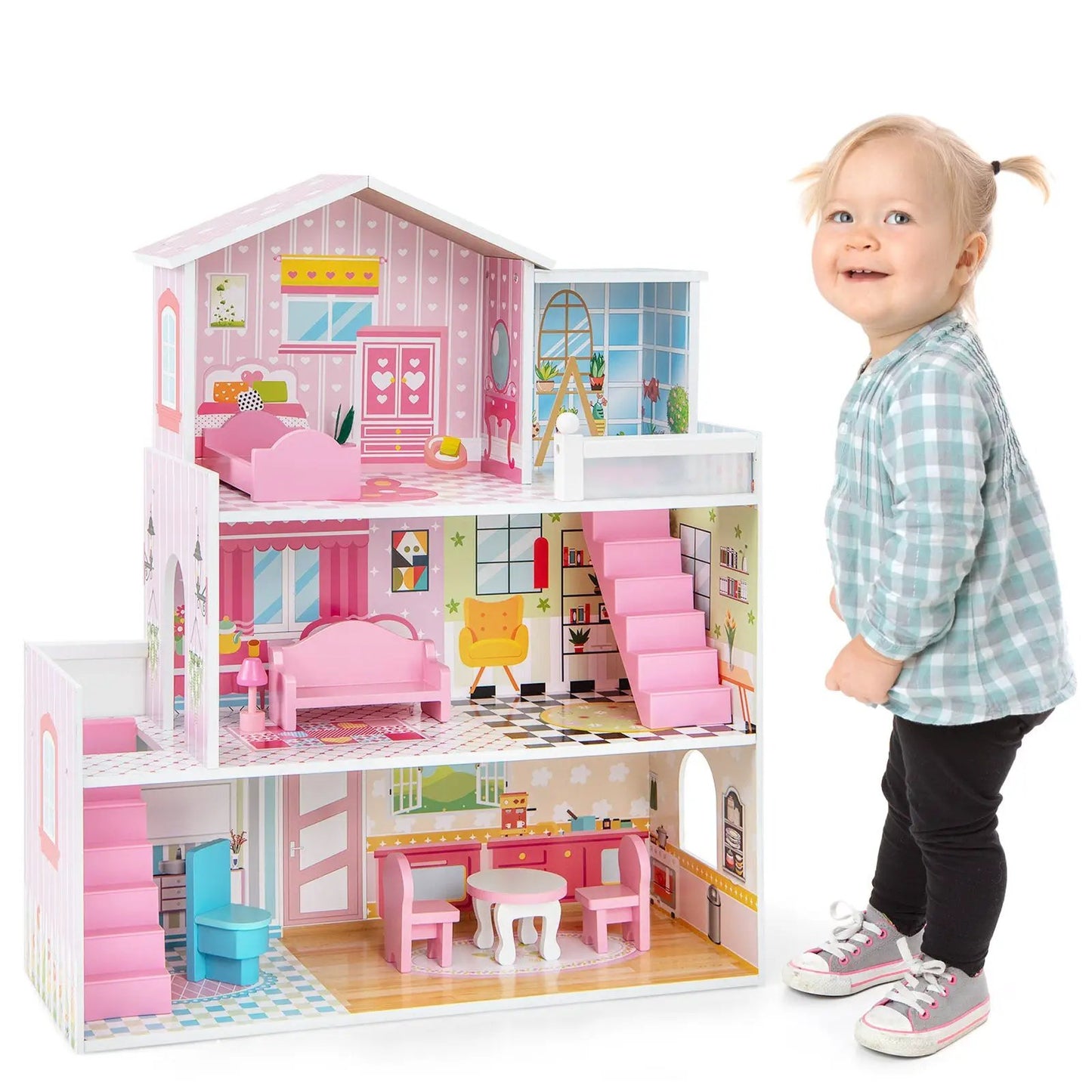 Pink wooden dollhouse playset with 5 rooms and 10 furniture pieces by DirectDeals on Tampa Home & Garden Store