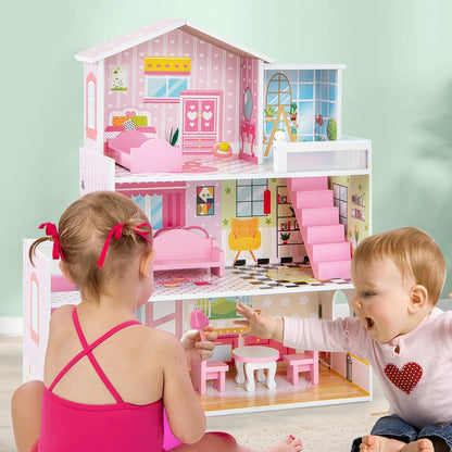 Kids wooden pink dollhouse playset with 5 rooms and 10 furniture pieces on Tampa Home & Garden Store