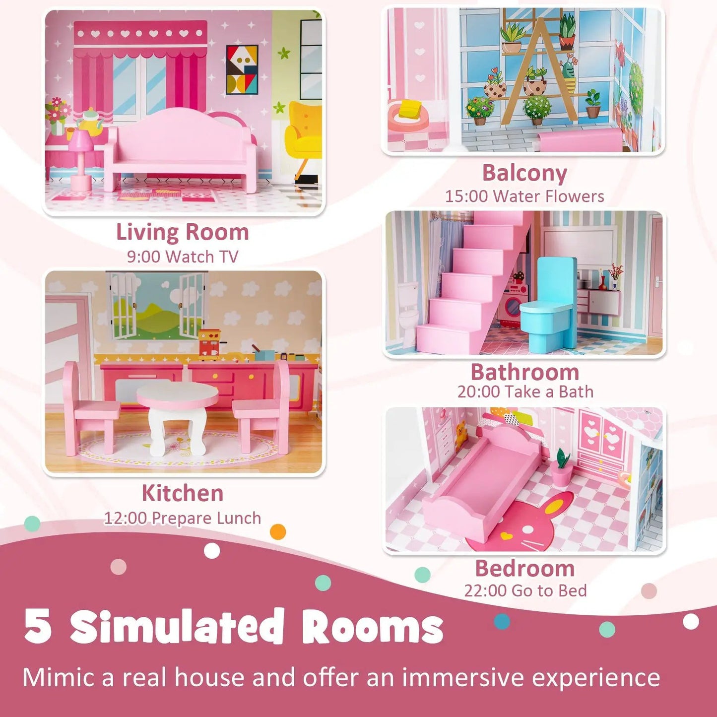 Kids wooden pink dollhouse playset with 5 rooms and 10 furniture pieces DirectDeals on Tampa Home & Garden Store