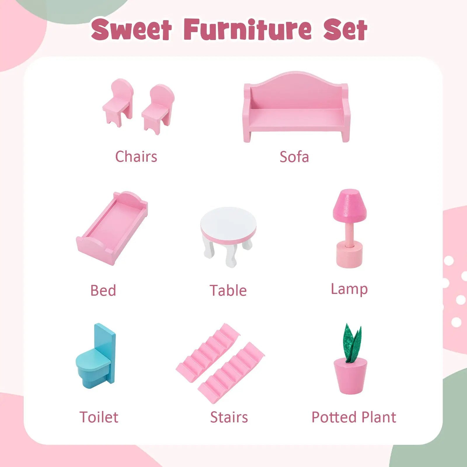 Pink wooden kids dollhouse playset with 5 simulated rooms and 10 furniture pieces from DirectDeals on Tampa Home & Garden Store