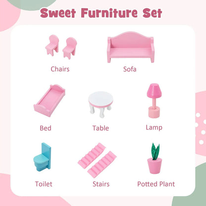 Pink wooden kids dollhouse playset with 5 simulated rooms and 10 furniture pieces from DirectDeals on Tampa Home & Garden Store