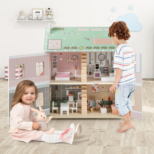 Kids Wooden Dollhouse 3 Level with Double-Sided Roofs and Doors-Pink - Tampa Home & Garden Store