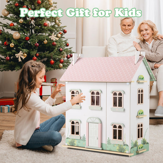 Kids Wooden Dollhouse 3 Level with Double-Sided Roofs and Doors-Pink - Tampa Home & Garden Store
