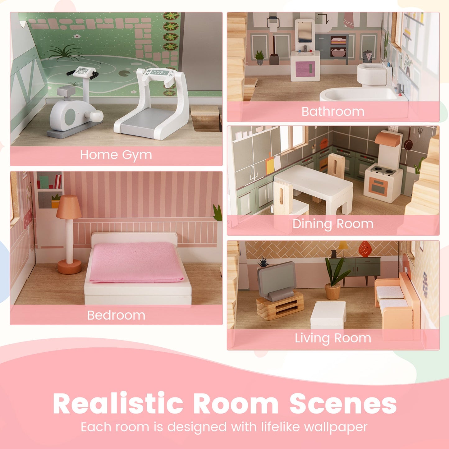 Kids Wooden Dollhouse 3 Level with Double-Sided Roofs and Doors-Pink