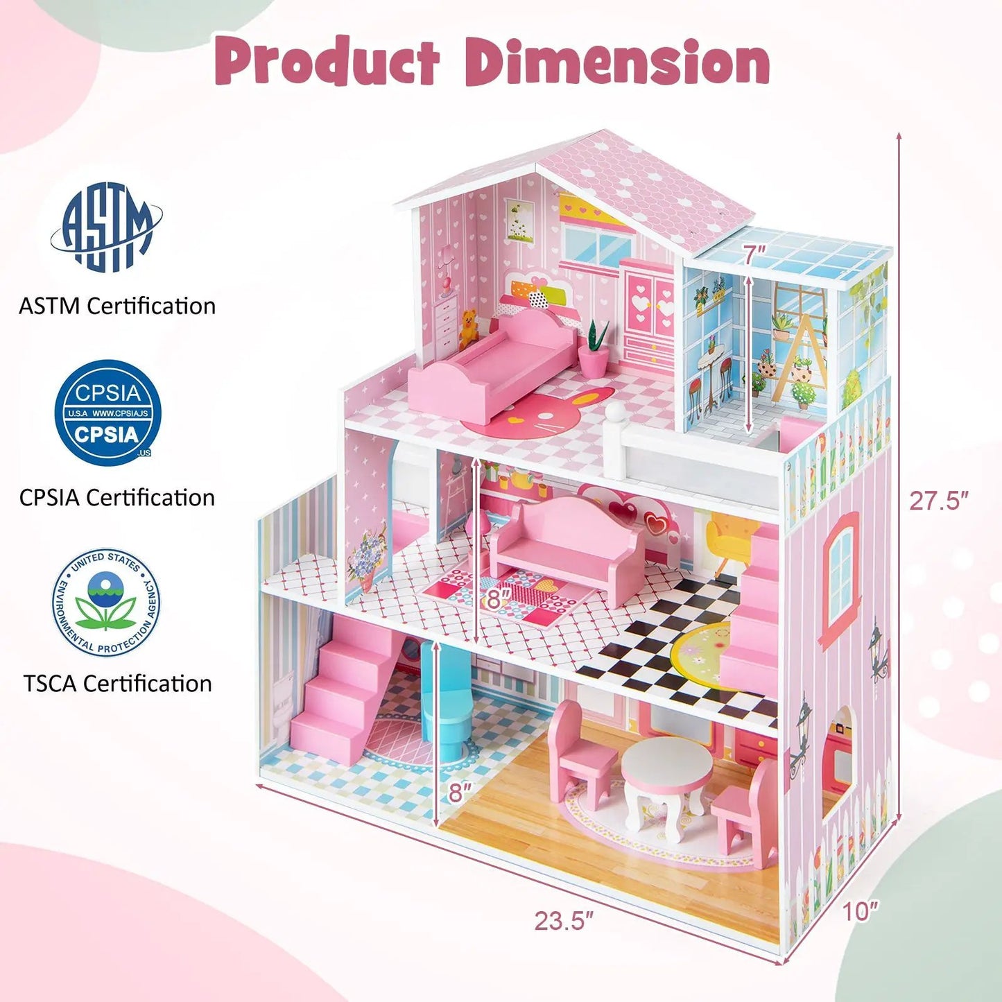 Pink kids wooden dollhouse playset with 5 rooms and 10 furniture pieces DirectDeals on Tampa Home & Garden Store