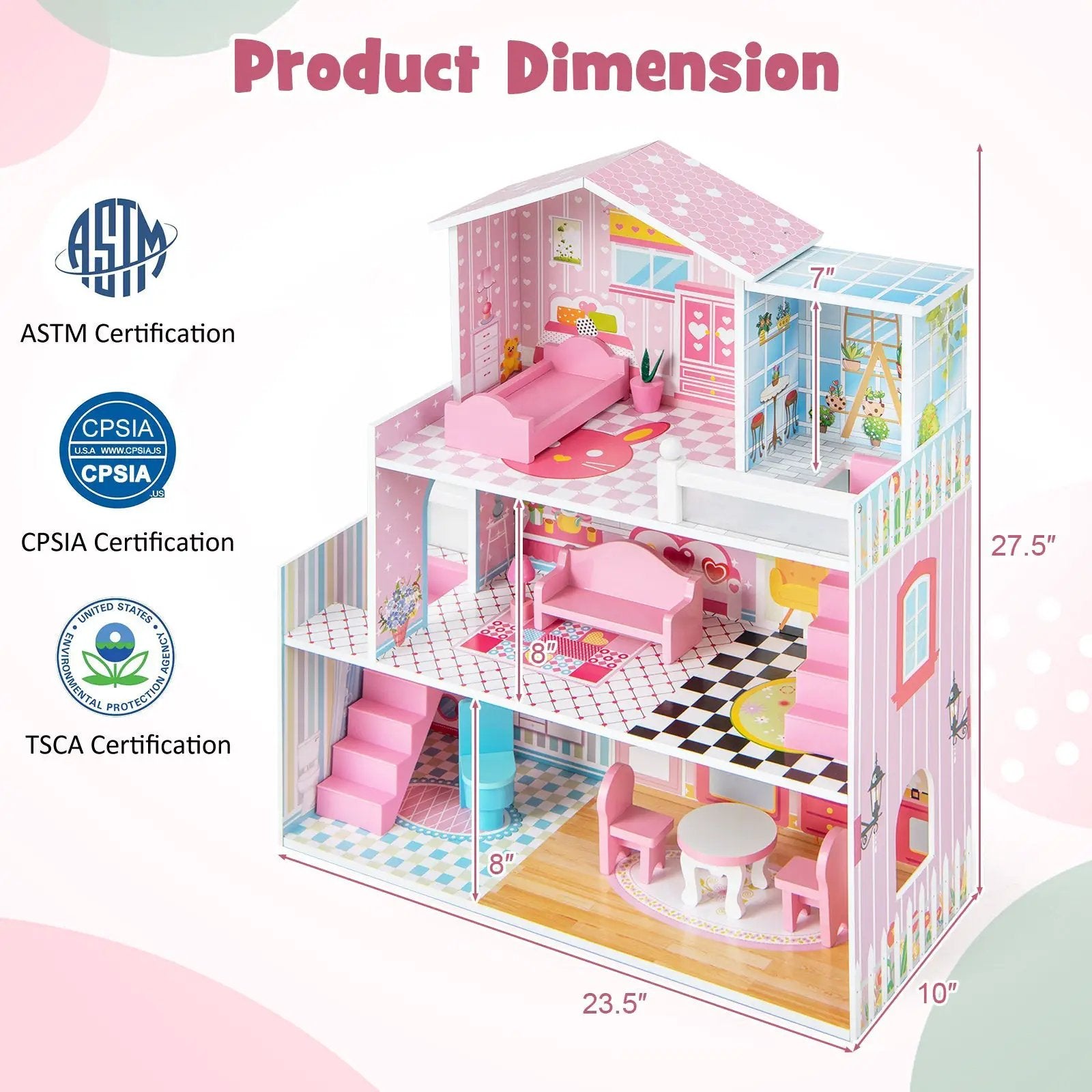 Pink kids wooden dollhouse playset with 5 rooms and 10 furniture pieces DirectDeals on Tampa Home & Garden Store