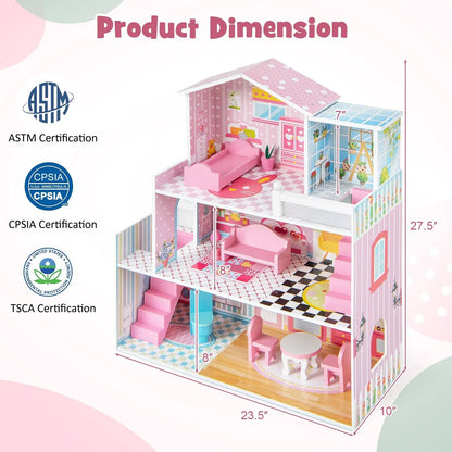 Pink kids wooden dollhouse playset with 5 rooms and 10 furniture pieces DirectDeals on Tampa Home & Garden Store