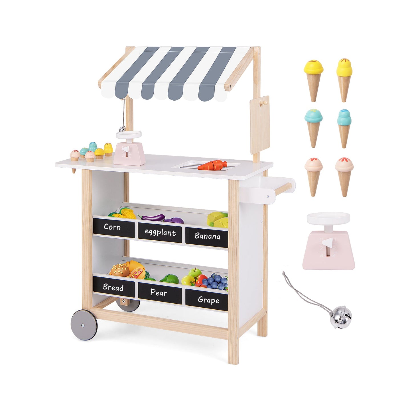 Kids Wooden Ice Cream Cart with Chalkboard and Storage