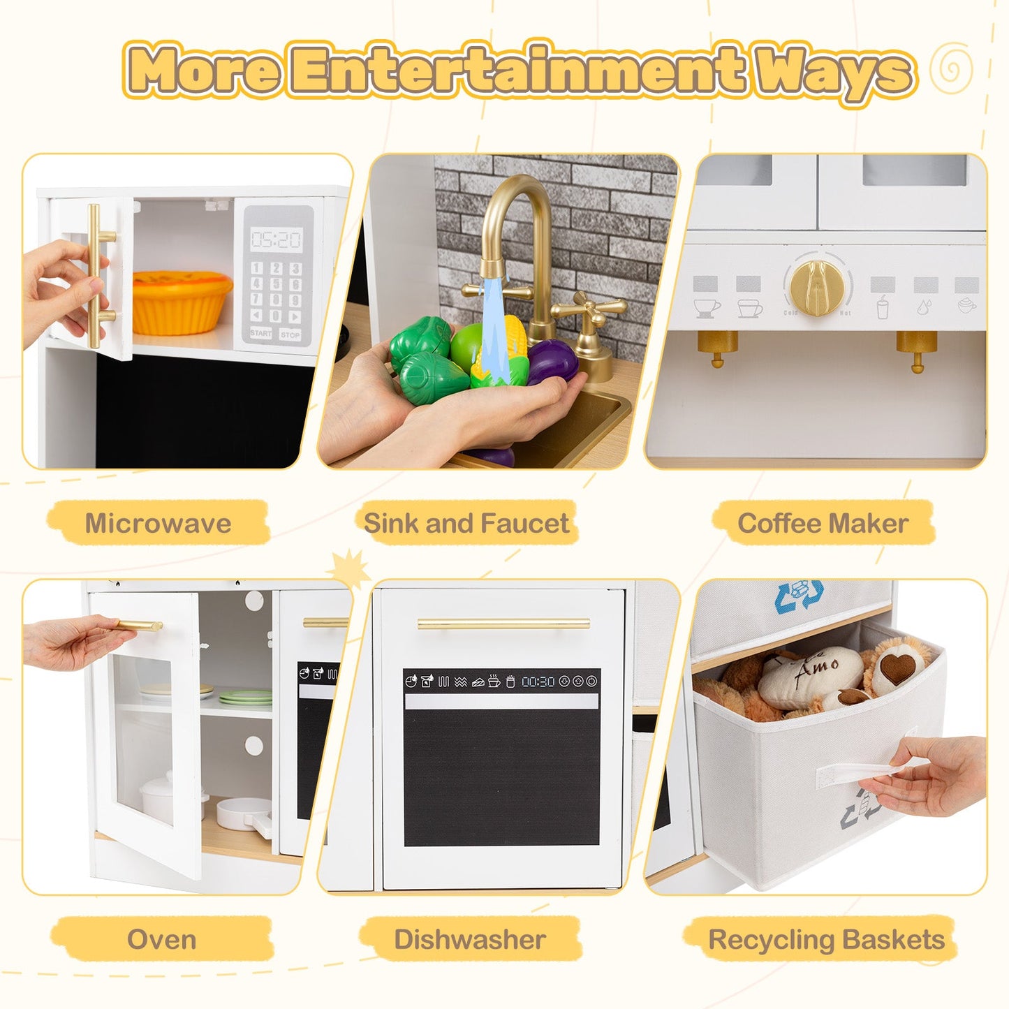 Kids Wooden Kitchen Playset with Stoves Sound Light for 3+ Years Old-White