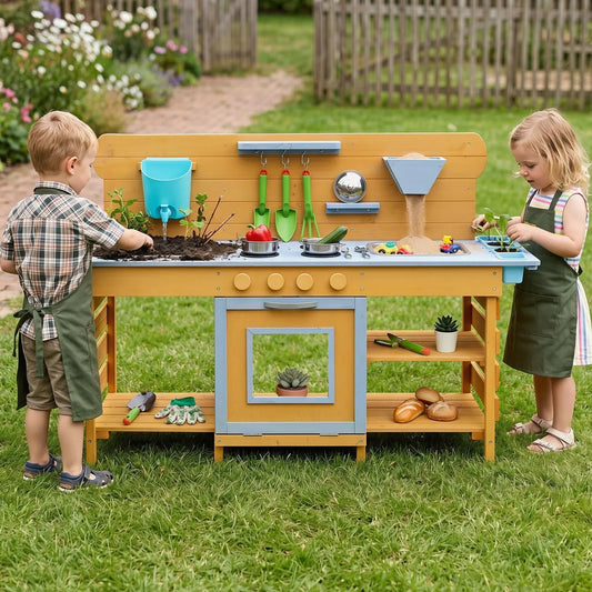 Wooden Mud Kitchen play set with 2 sinks and 4 stoves, DirectDeals brand, yellow and blue finish on Tampa Home & Garden Store