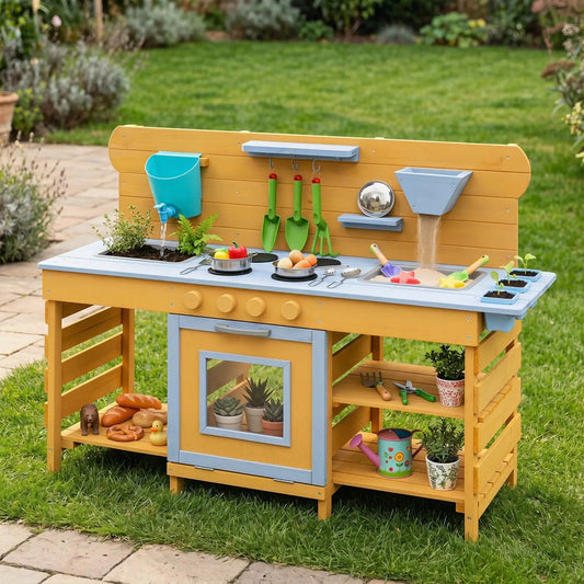 Wooden mud kitchen playset with 2 sinks and 4 stoves, blue trim, DirectDeals on Tampa Home & Garden Store