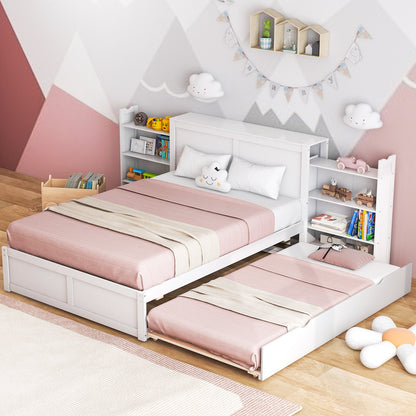 Cama de Plataforma de Madera para Niños Doble/Matrimonial con Cama Nido y Cabecera con Almacenamiento - Tamaño Matrimonial