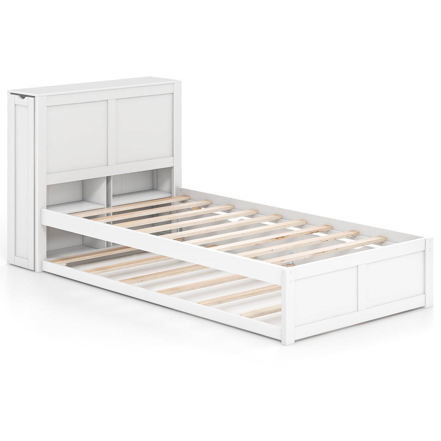 Cama de Plataforma de Madera para Niños Doble/Matrimonial con Cama Nido y Cabecera con Almacenamiento - Tamaño Matrimonial