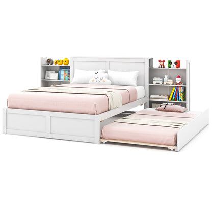 Cama de Plataforma de Madera para Niños Doble/Matrimonial con Cama Nido y Cabecera con Almacenamiento - Tamaño Matrimonial