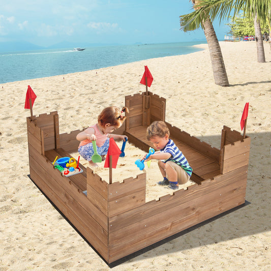 Kids Wooden Sandbox with Bottom Liner and Red Flags - Tampa Home & Garden Store