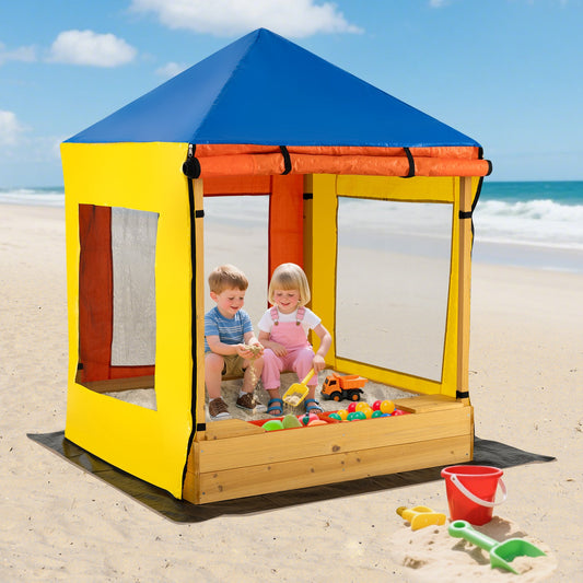 Kids Wooden Sandbox with Canopy Large Sand Pit with Mesh Windows and Bottom Liner-Multicolor - Tampa Home & Garden Store