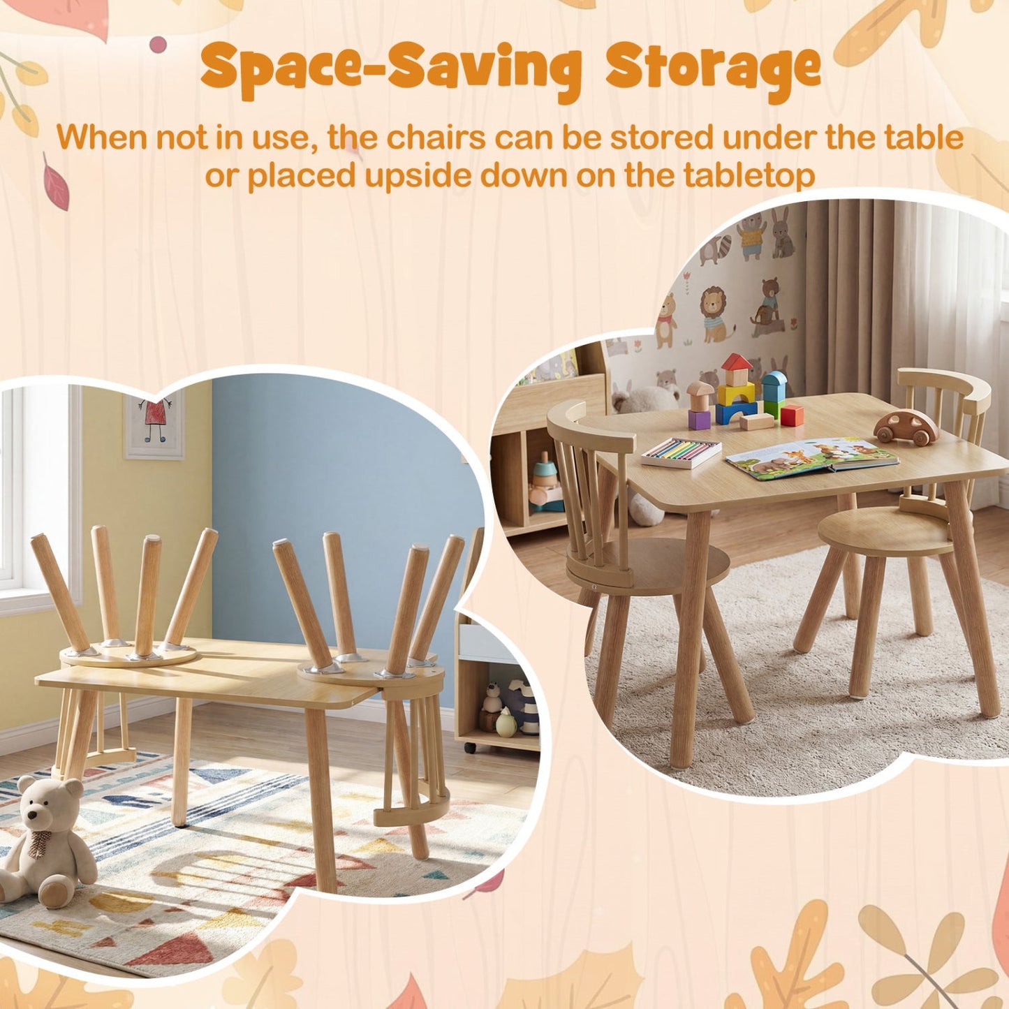 Kids Wooden Table and Chairs Set 3-Piece Toddler Furniture with Pine Wood Frame
