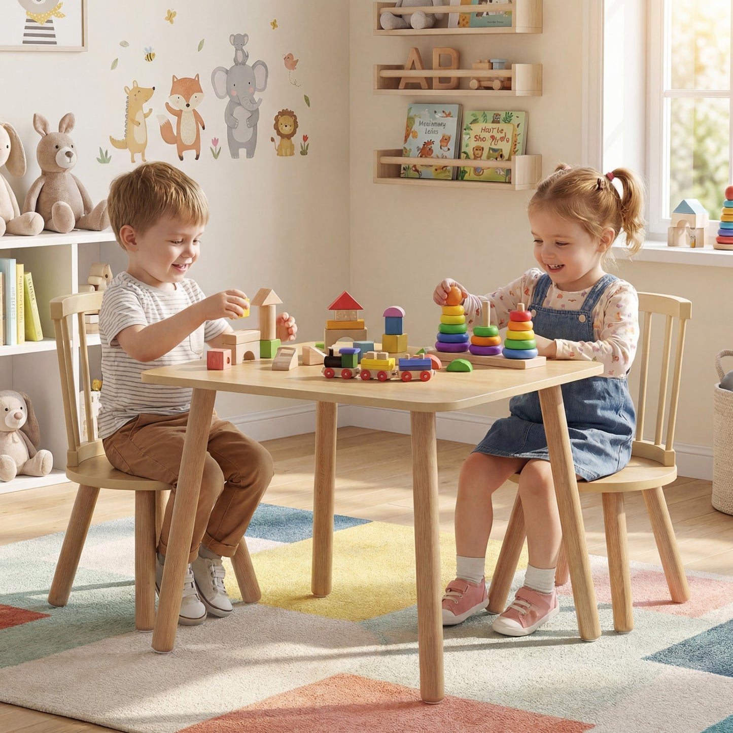 Kids Wooden Table and Chairs Set 3-Piece Toddler Furniture with Pine Wood Frame
