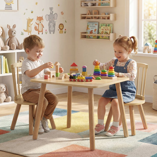 Kids Wooden Table and Chairs Set 3-Piece Toddler Furniture with Pine Wood Frame - Tampa Home & Garden Store