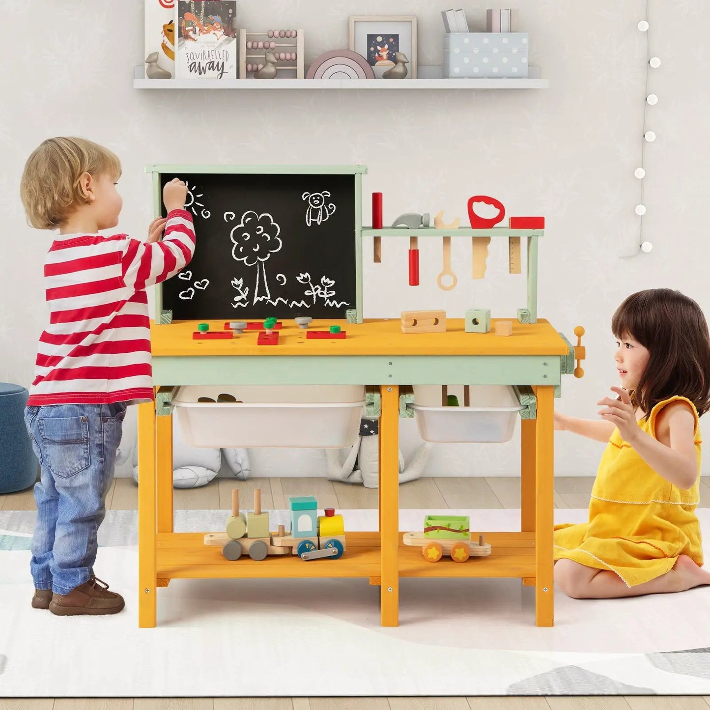 Kids wooden toy workbench with chalkboard and storage, pastel green and yellow by DirectDeals on Tampa Home & Garden Store