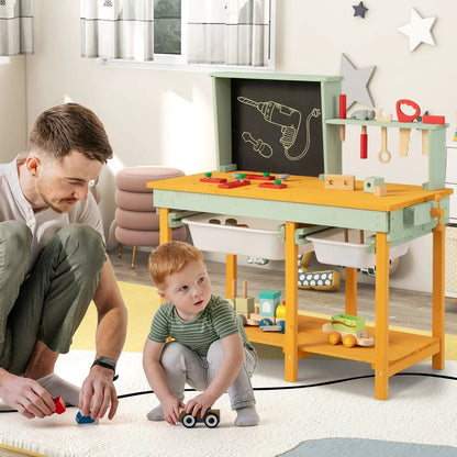 Kids wooden toy workbench with storage and black chalkboard by DirectDeals; green frame on Tampa Home & Garden Store