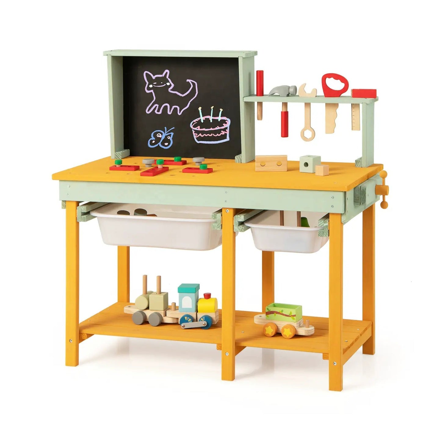 Kids wooden toy workbench with chalkboard, storage bins, and colorful tools by DirectDeals on Tampa Home & Garden Store
