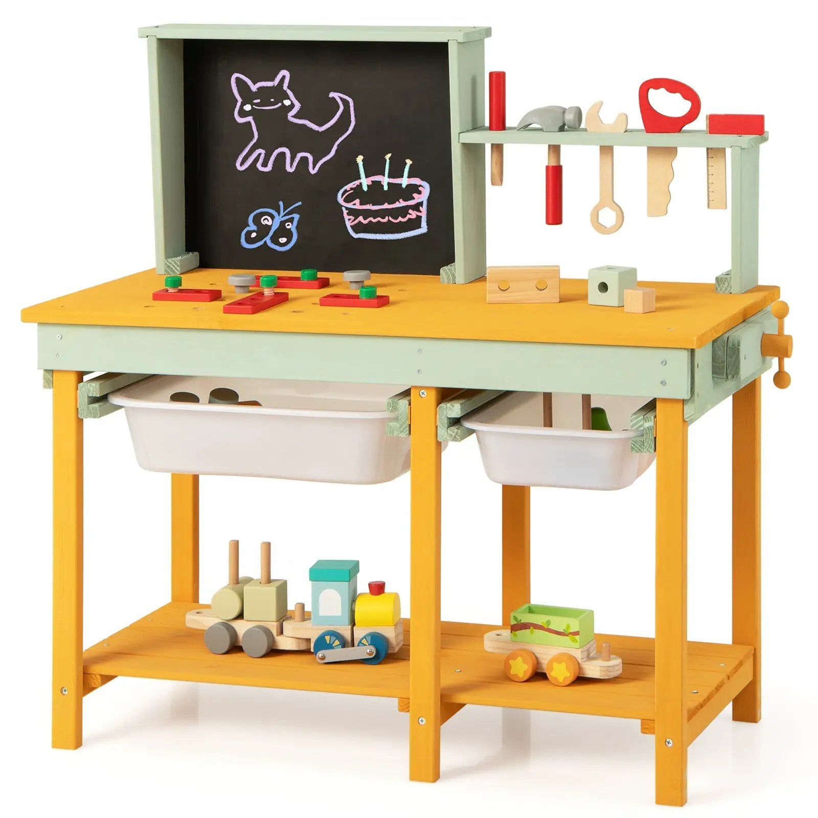 Kids wooden toy workbench with storage and chalkboard, pastel green DirectDeals frame on Tampa Home & Garden Store