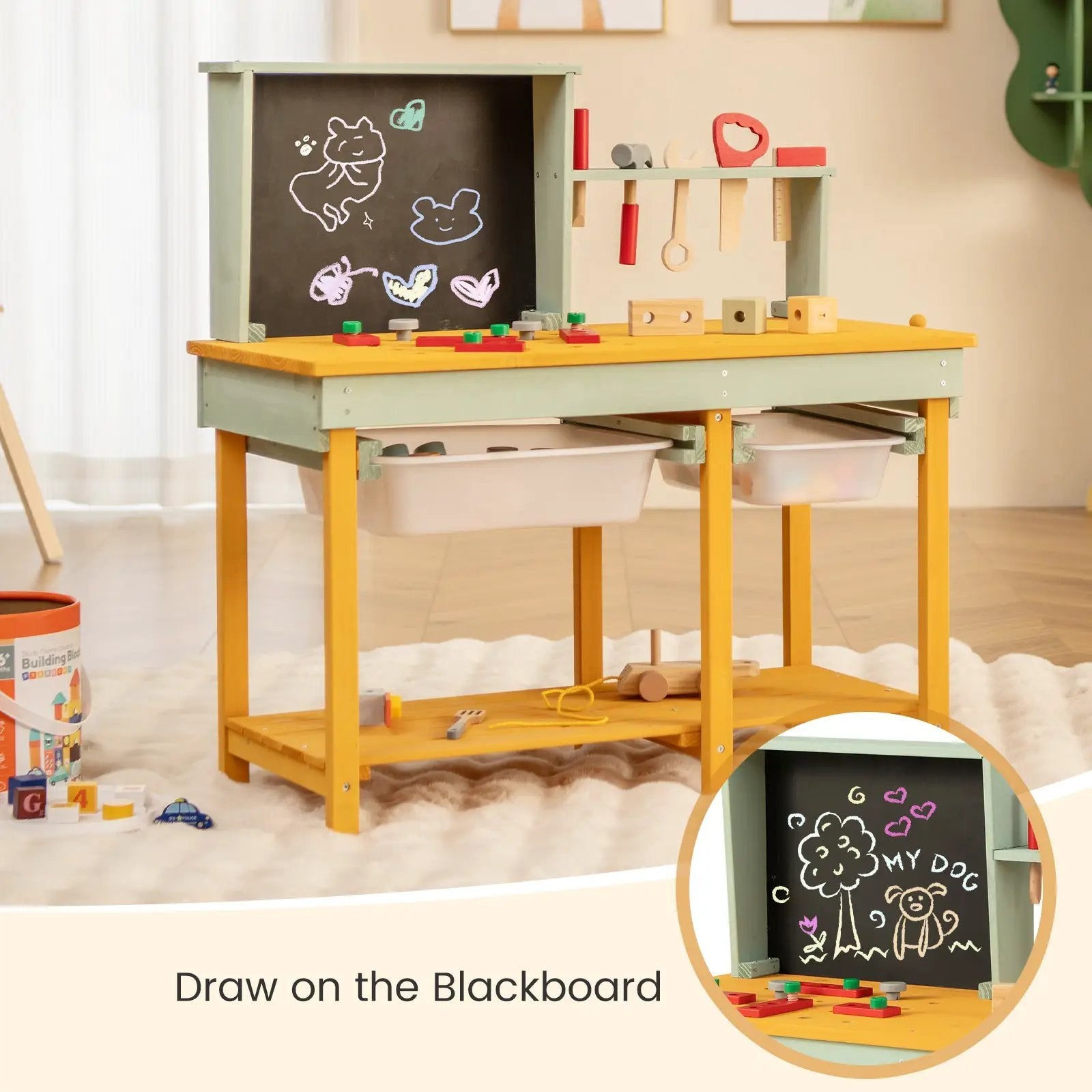 DirectDeals kids wooden toy workbench with chalkboard, storage bins and pastel green frame on Tampa Home & Garden Store