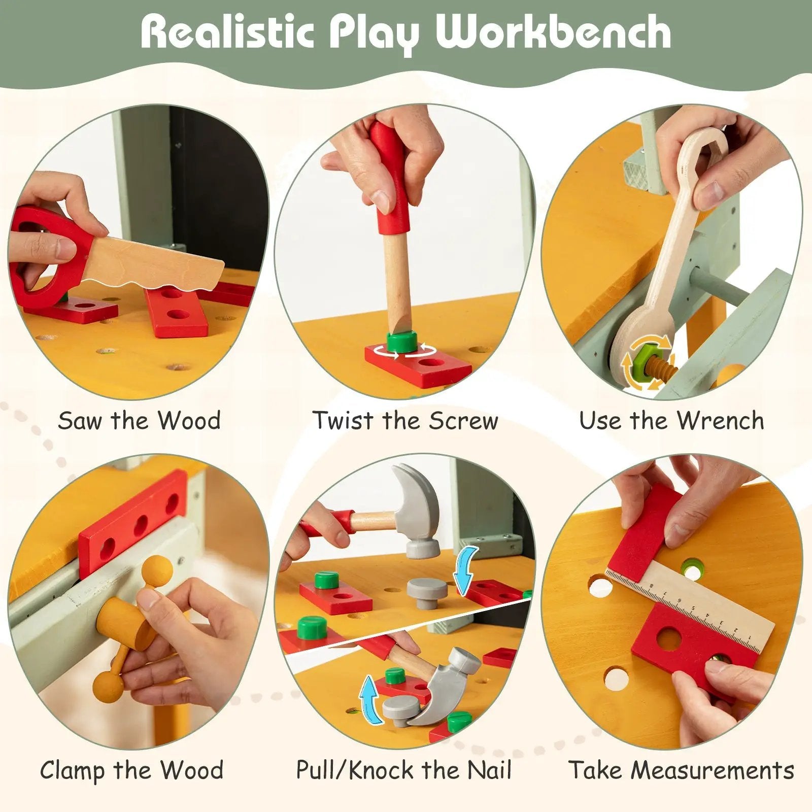 Kids wooden toy workbench with storage and blackboard, DirectDeals, natural wood with red tools on Tampa Home & Garden Store