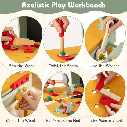 Kids wooden toy workbench with storage and blackboard, DirectDeals, natural wood with red tools on Tampa Home & Garden Store