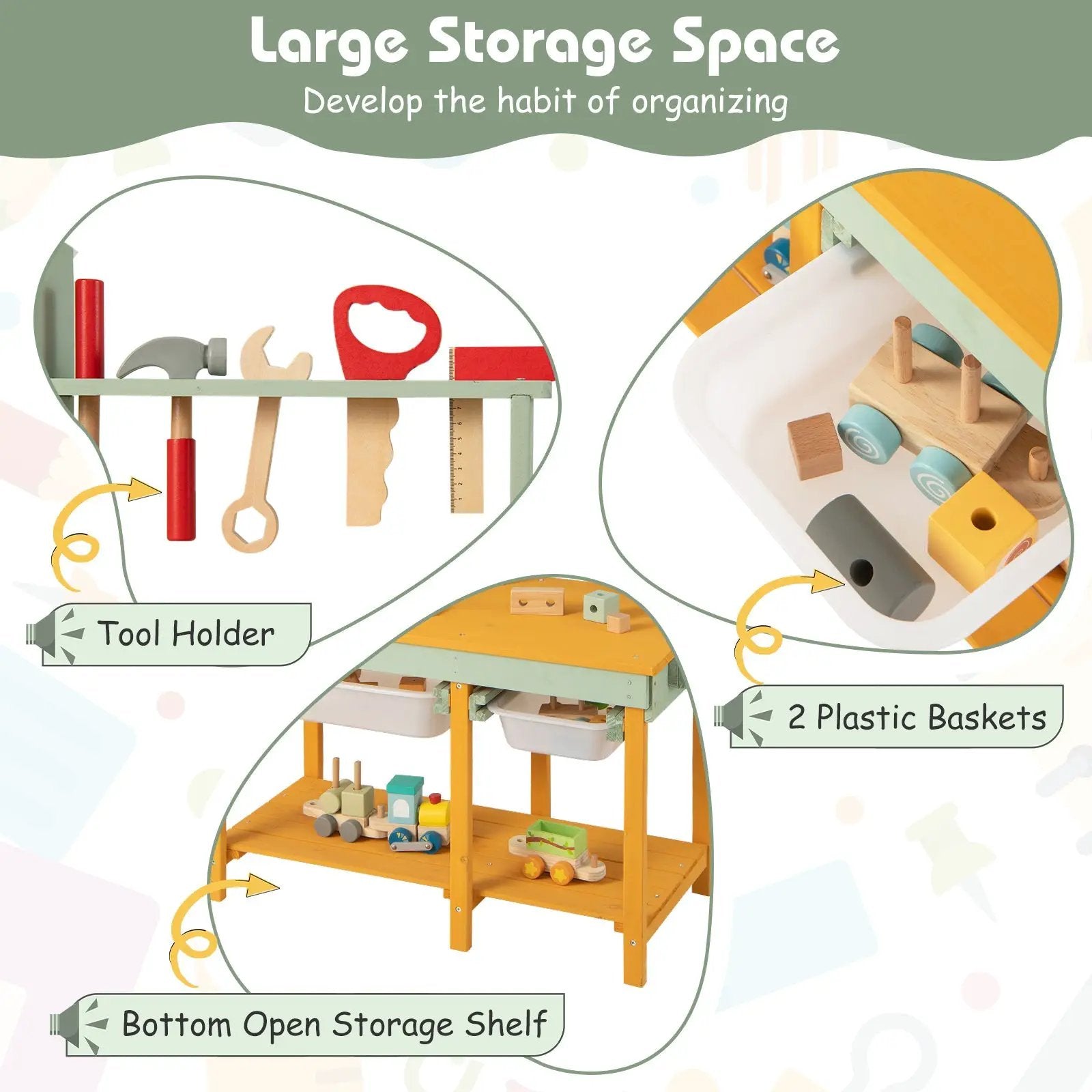 Kids wooden toy workbench with storage shelf and blackboard, DirectDeals on Tampa Home & Garden Store
