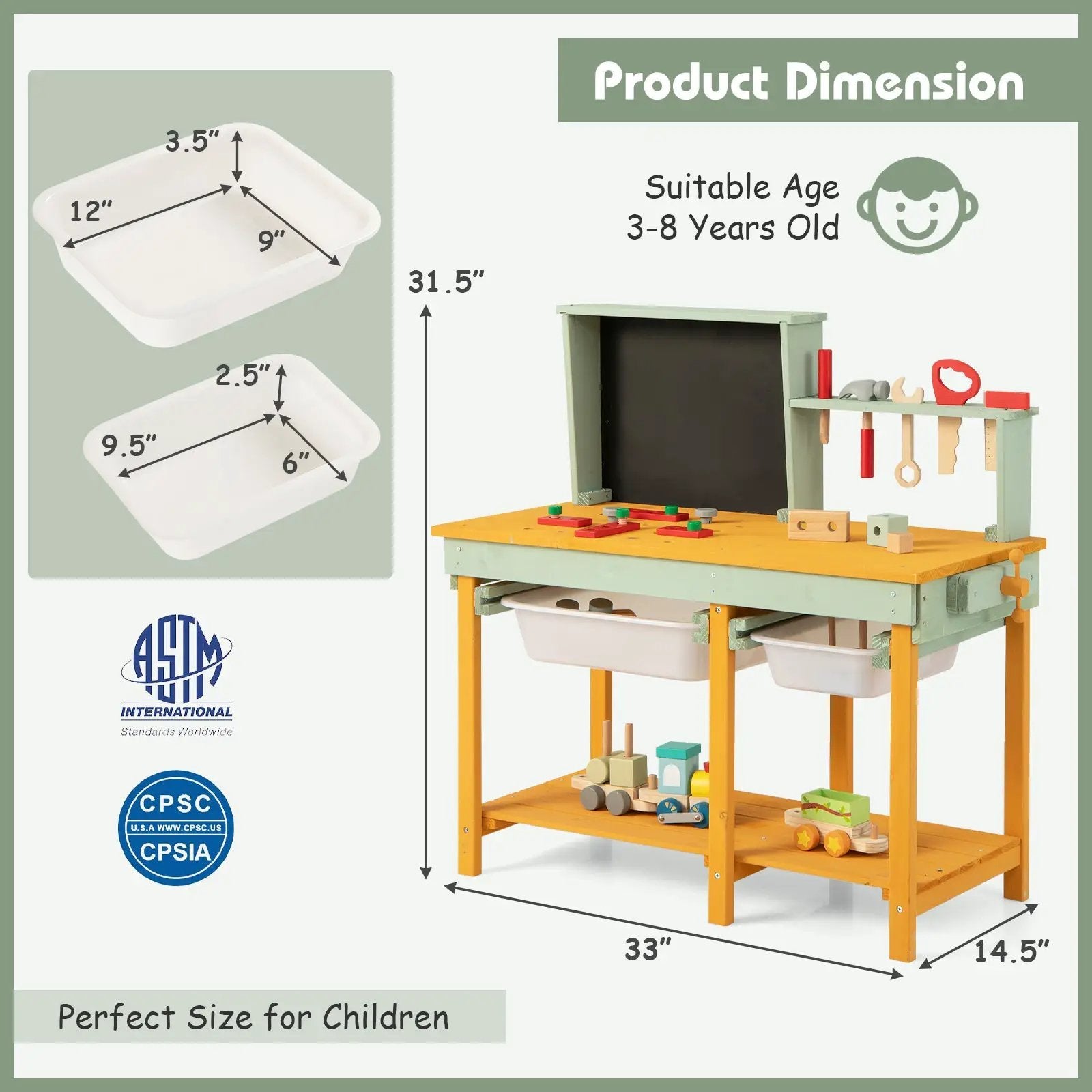 DirectDeals kids wooden workbench with chalkboard, storage bins and tool set in green, 33in on Tampa Home & Garden Store