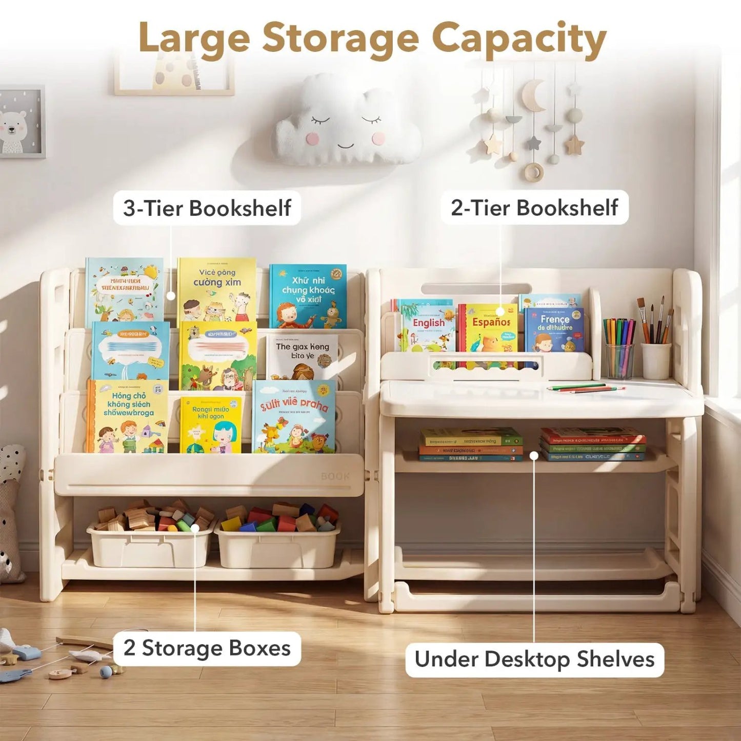 Kids Writing Desk and Chair Set with Bookshelves
