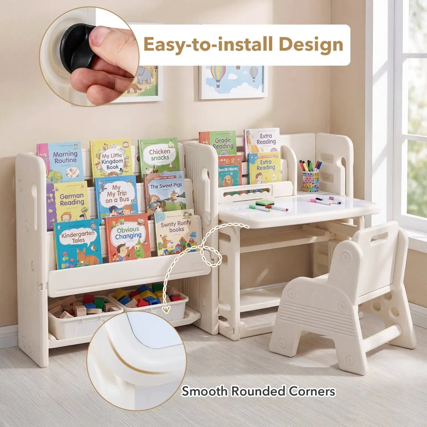 Kids Writing Desk and Chair Set with Bookshelves
