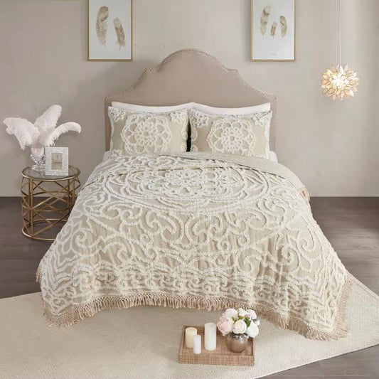 King 100-Percent Cotton Chenille Bedspread with Fringe Hem in Khaki Taupe Beige - Tampa Home & Garden Store