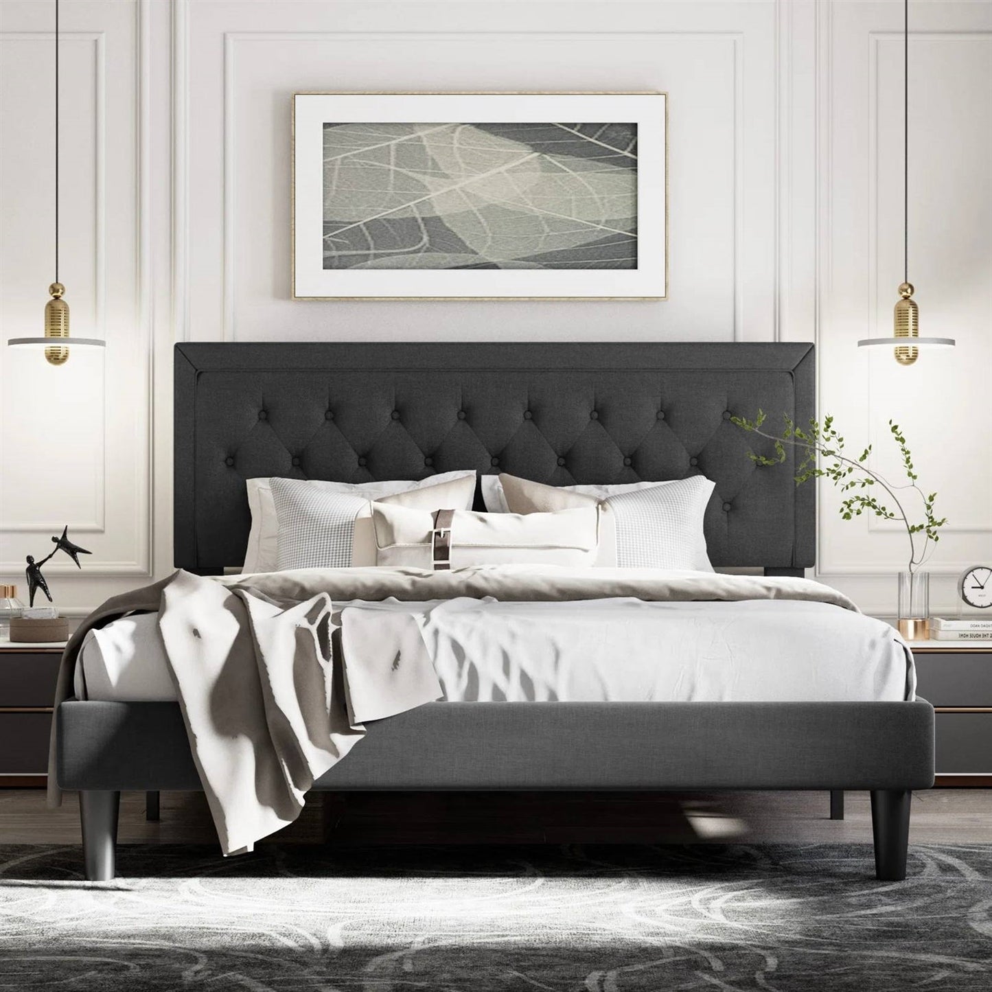 King Black Linen Upholstered Platform Bed Frame with Button-Tufted Headboard - Tampa Home & Garden Store