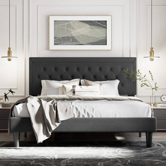 King Black Linen Upholstered Platform Bed Frame with Button-Tufted Headboard - Tampa Home & Garden Store