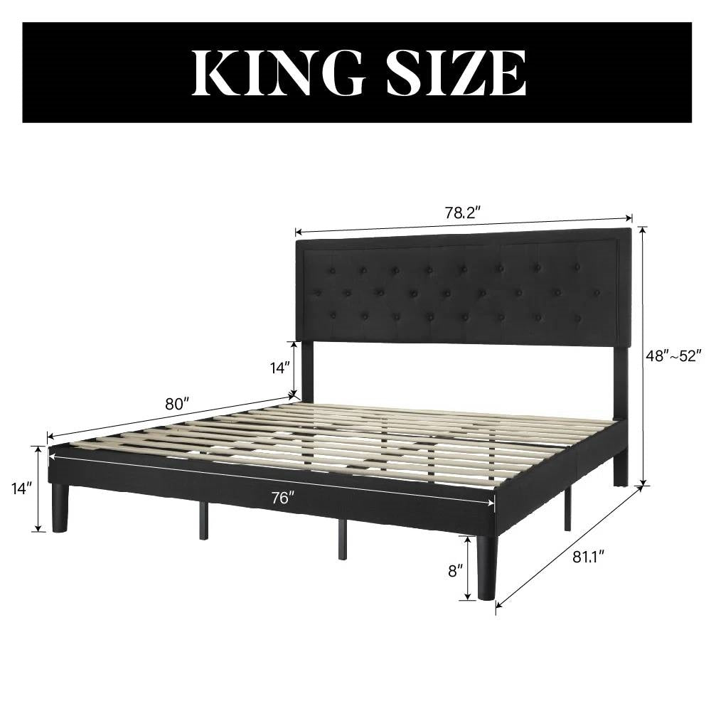 King Black Linen Upholstered Platform Bed Frame with Button-Tufted Headboard - Tampa Home & Garden Store