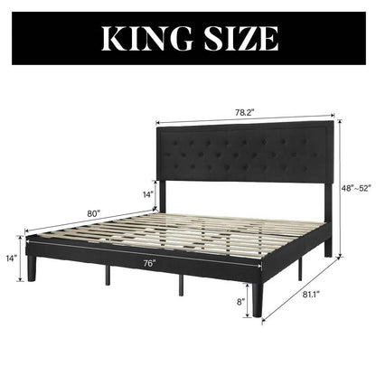 King Black Linen Upholstered Platform Bed Frame with Button-Tufted Headboard - Tampa Home & Garden Store