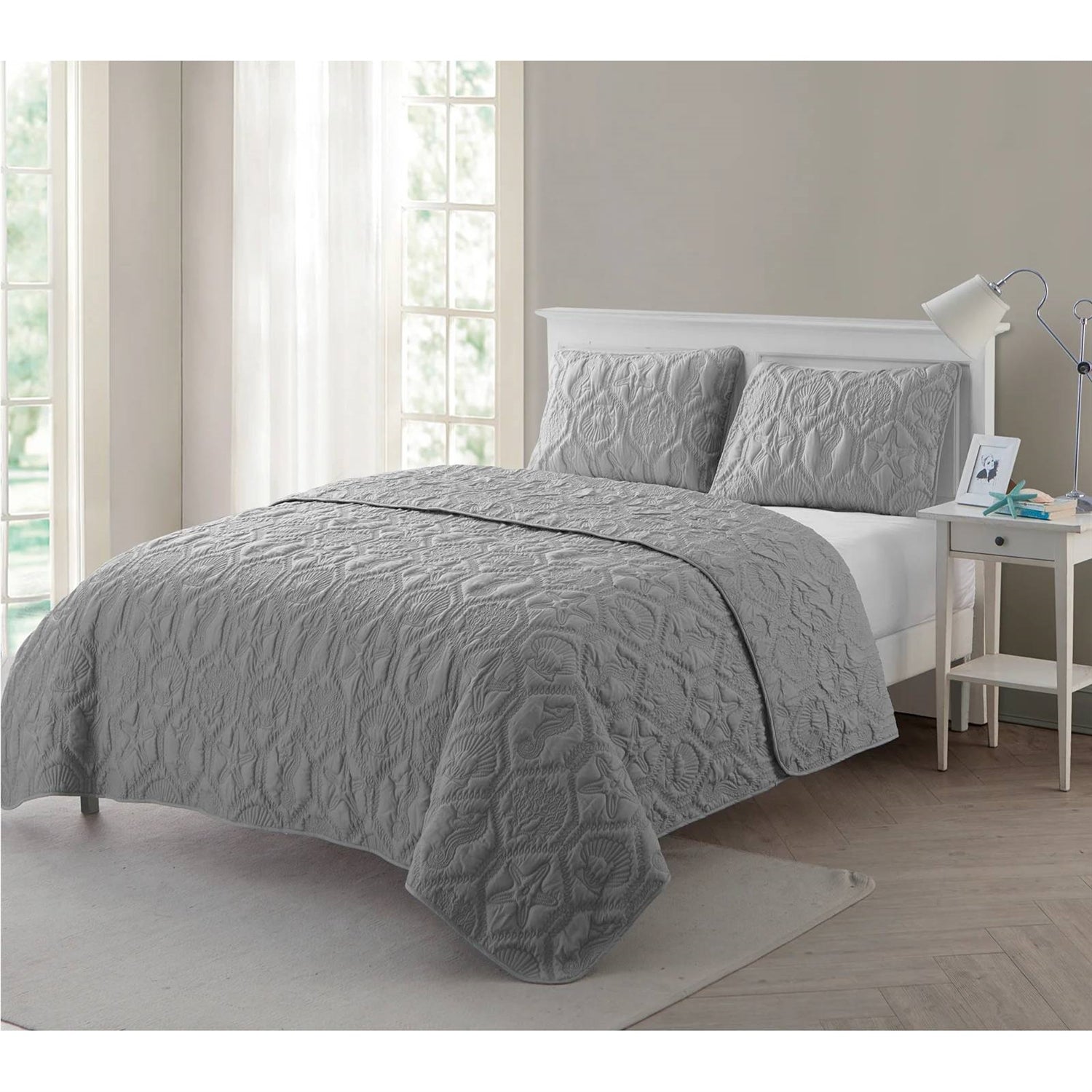 King Coastal Beach Embossed Starfish Seashell Seahorse Grey 3-Piece Quilt Set - Tampa Home & Garden Store