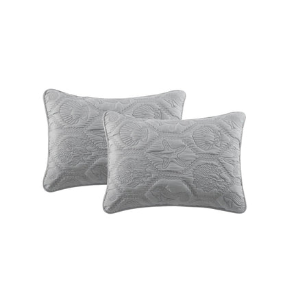 King Coastal Beach Embossed Starfish Seashell Seahorse Grey 3-Piece Quilt Set - Tampa Home & Garden Store