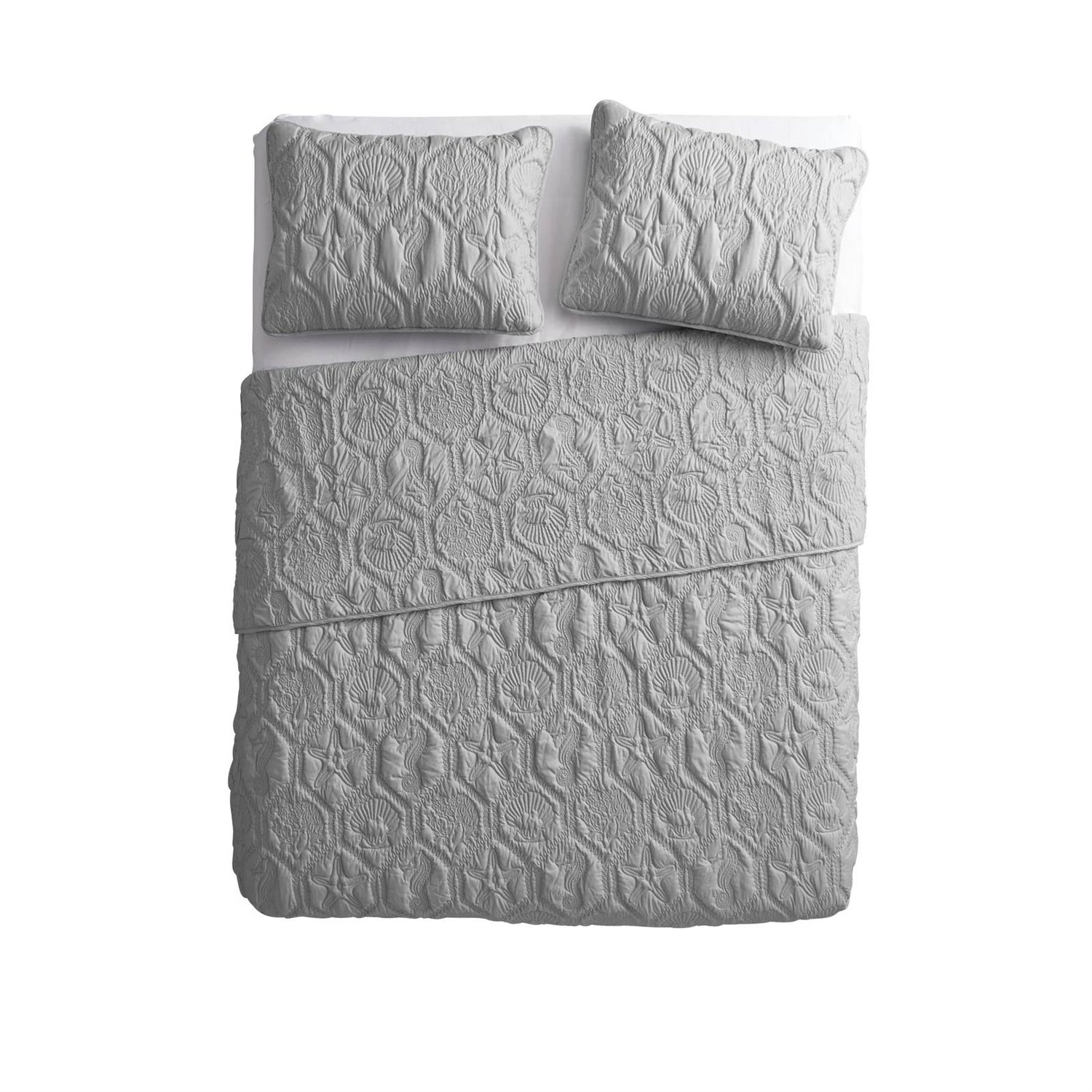 King Coastal Beach Embossed Starfish Seashell Seahorse Grey 3-Piece Quilt Set - Tampa Home & Garden Store