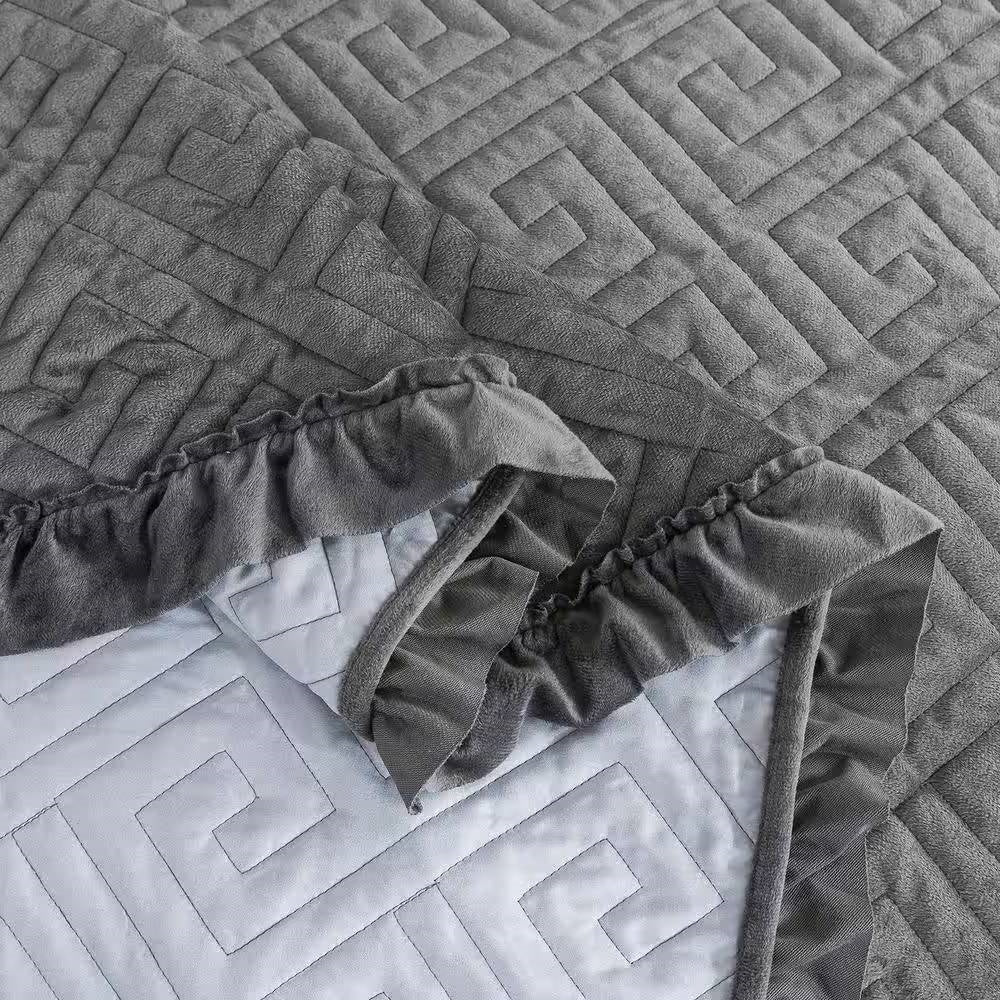 King Gray Charcoal Velvet Microfiber Polyester Reversible 3-Piece Quilt Set - Tampa Home & Garden Store
