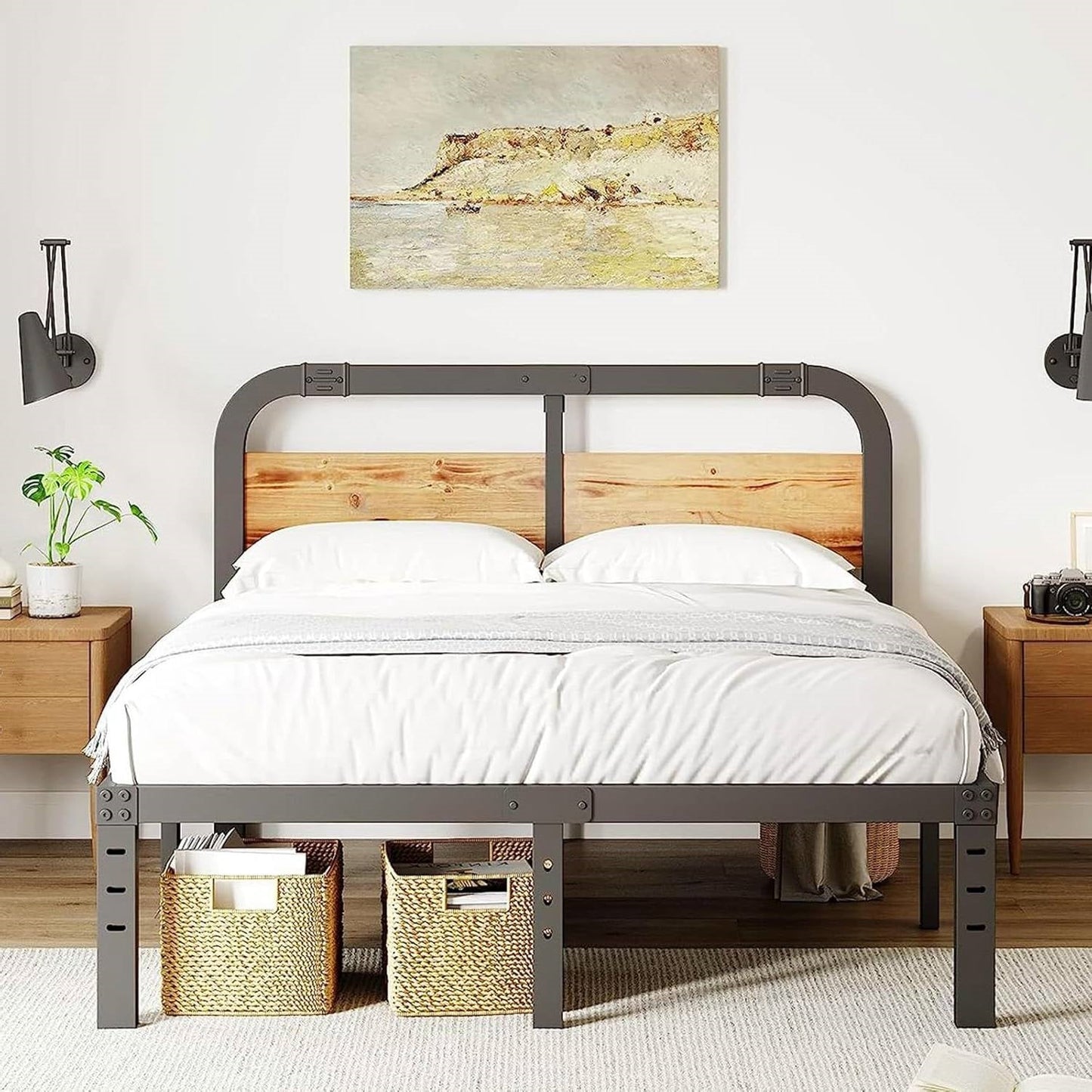 King Heavy Duty Black Metal Bed Frame with Solid Wood Panel Headboard - Tampa Home & Garden Store