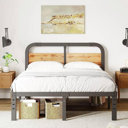 King Heavy Duty Black Metal Bed Frame with Solid Wood Panel Headboard - Tampa Home & Garden Store